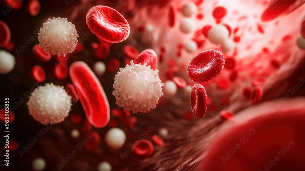 Fototapeta premium The interactions between red and white blood cells that occur in the dynamic human bloodstream demonstrate their critical role in health and immune response.