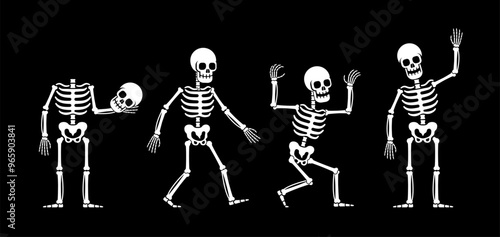 Skeleton showcases different scary moves, expressing joy and fun. Halloween spirit. Vector isolated illustration.