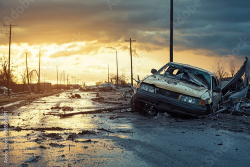 image depicts scene of severe weather events causing significant infrastructure damage, with wrecked car on desolate road under dramatic sky. atmosphere conveys sense of devastation and loss