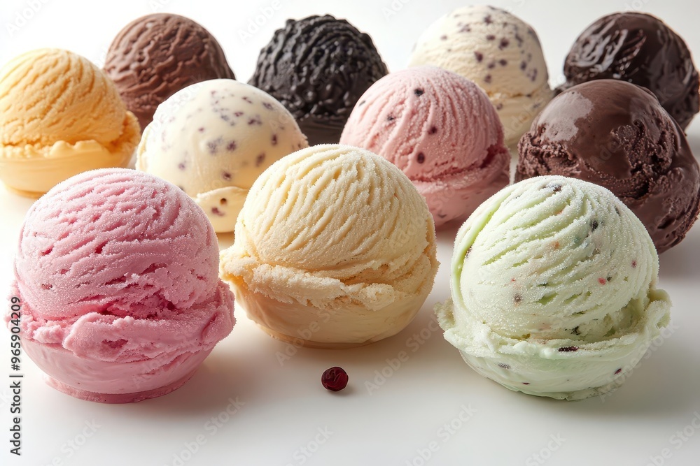 artisanal ice cream scoops rainbow of flavors textured swirls frosty sheen clean white backdrop artisanal ice cream scoops rainbow of flavors textured swirls frosty sheen clean white backdrop