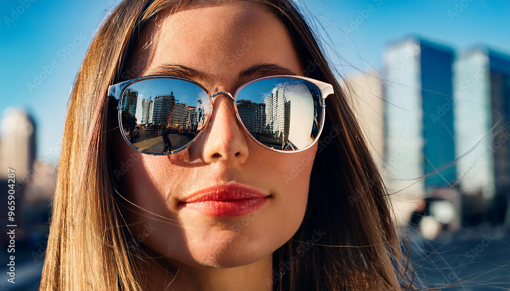Young Woman with Reflective Sunglasses in Urban Setting Young Woman with Reflective Sunglasses in Urban Setting