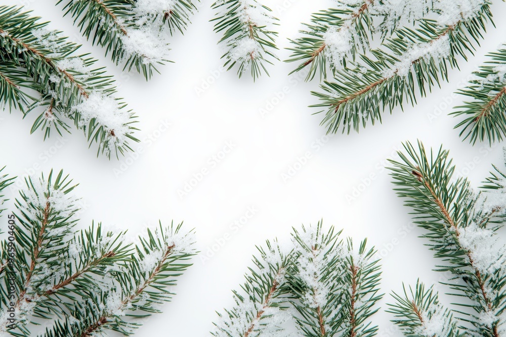 Snow-covered pine branches on a white background, winter and Christmas theme, minimalistic design Snow-covered pine branches on a white background, winter and Christmas theme, minimalistic design