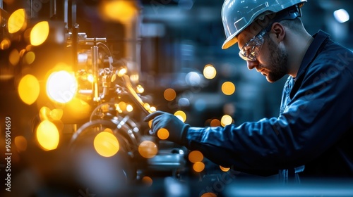 A focused engineer working on machinery in a well-lit industrial environment, showcasing safety and precision in his craft.