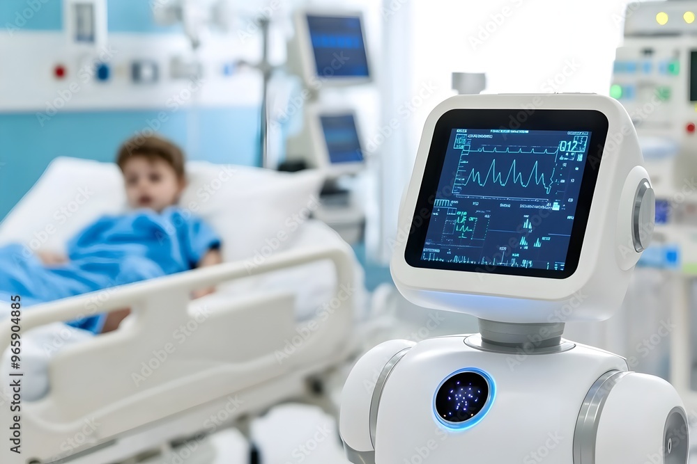 Obraz premium Futuristic robot monitoring a child patient s vital signs in a modern hospital room with various medical equipment and technology displayed on screens in the background