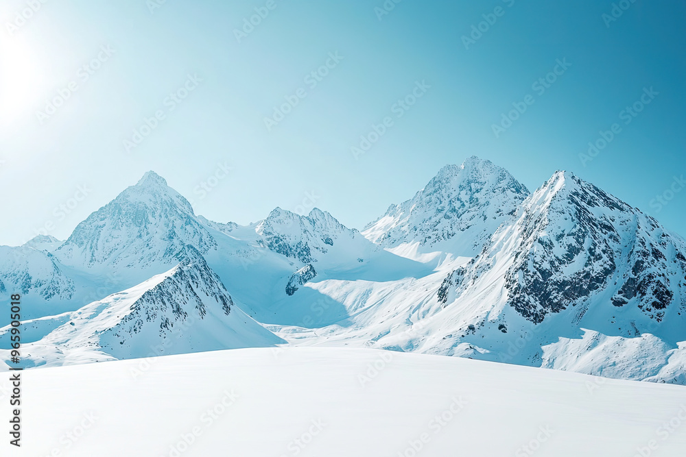 Snow covered mountains under clear blue sky create breathtaking winter landscape. serene beauty of peaks invites adventure and exploration in this tranquil setting Snow covered mountains under clear blue sky create breathtaking winter landscape. serene beauty of peaks invites adventure and exploration in this tranquil setting
