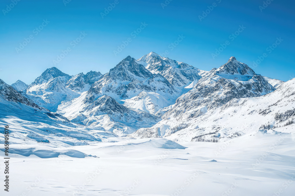 Fototapeta premium Snow covered mountains with clear blue sky create breathtaking winter landscape. majestic peaks rise dramatically, showcasing natures beauty and tranquility