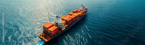 Overhead View of Cargo Ship on Teal Ocean Waters at Sunset