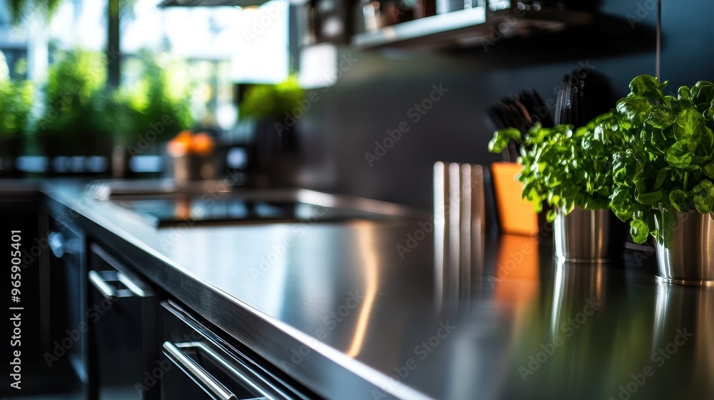 A modern kitchen workspace featuring shiny countertops and vibrant green herbs in pots, ideal for culinary inspiration. A modern kitchen workspace featuring shiny countertops and vibrant green herbs in pots, ideal for culinary inspiration.