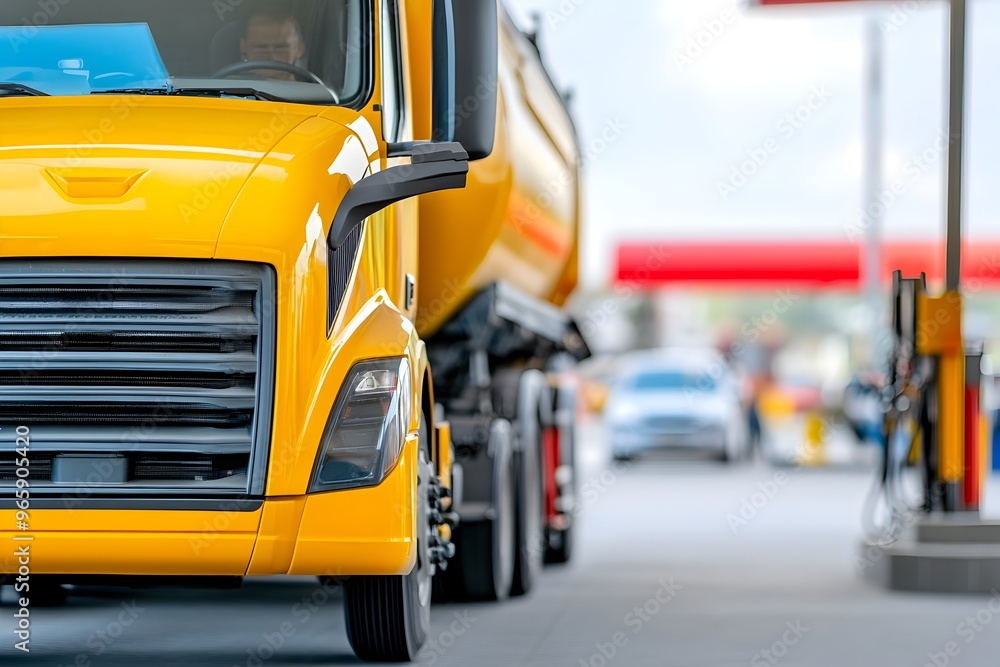 Bright yellow fuel delivery truck filling up storage tank at a gas station with customers waiting in their cars Natural lighting professional color grading low contrast soft shadows Bright yellow fuel delivery truck filling up storage tank at a gas station with customers waiting in their cars Natural lighting professional color grading low contrast soft shadows