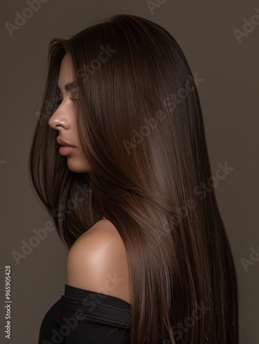 Obraz na płótnie Woman with Long Chocolate Brown Hair and Silvery Shine Against Minimalist Dark Background
w salonie