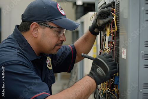 Technician performing preventive maintenance on an HVAC system, focused on ensuring optimal performance and safety. His expertise is evident as he carefully inspects and repairs equipment