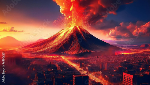 都市で火山が大噴火を起こした風景