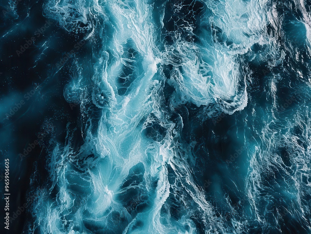 Obraz premium aerial view of majestic ocean waves intricate white foam patterns on deep blue water dynamic movement captured from above vast seascape with mesmerizing textures