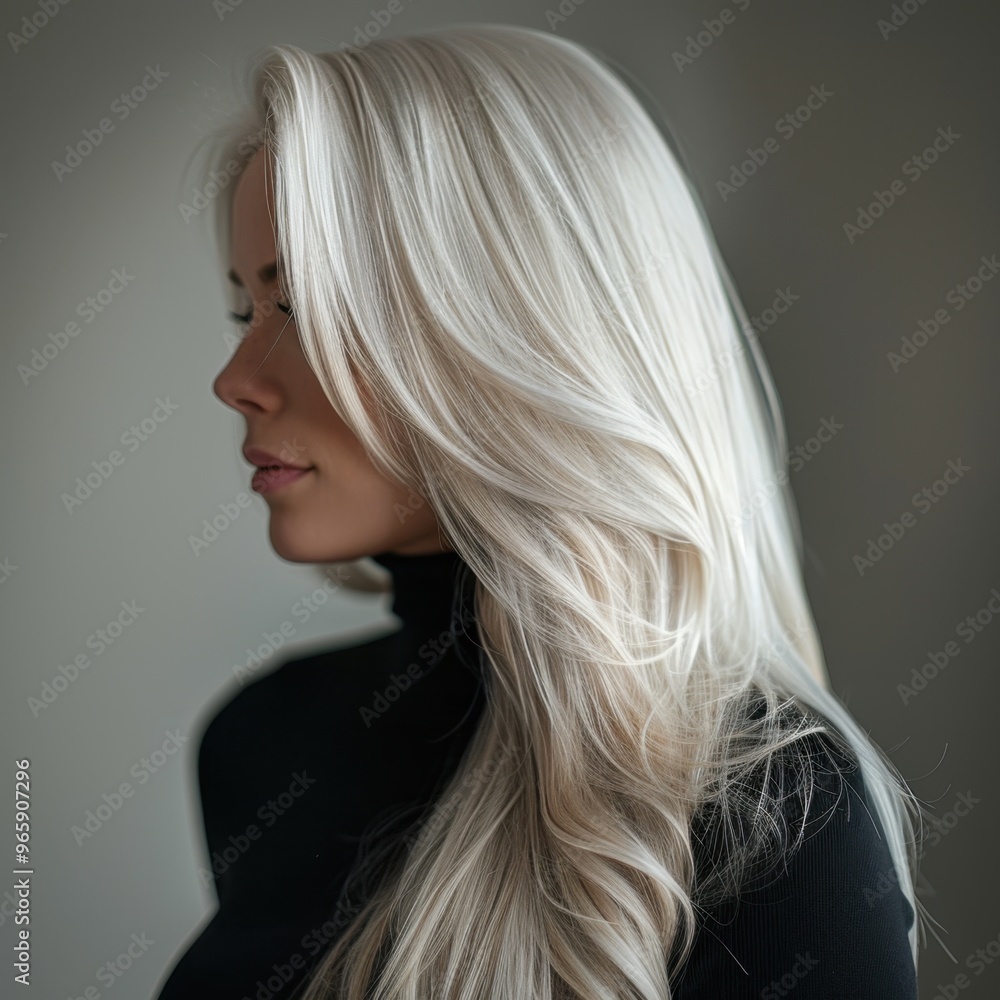 Naklejka premium Woman with Long Platinum Blonde Hair and Silvery Shine Against Minimalist Dark Background