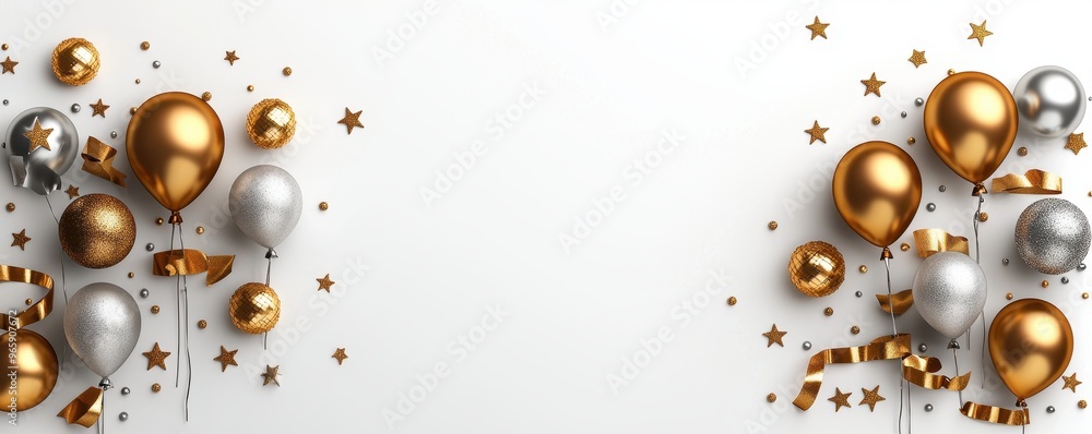 Fototapeta premium Festive celebration scene with golden and silver balloons, stars, and ribbons on a clean background, perfect for party themes.