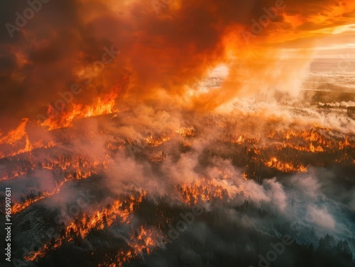 aerial view of raging wildfire blazing forest billowing orange smoke plumes