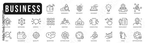 Business related original icons. Network, teamwork, payment, computing, seo, ai etc. Editable stroke. Set 15