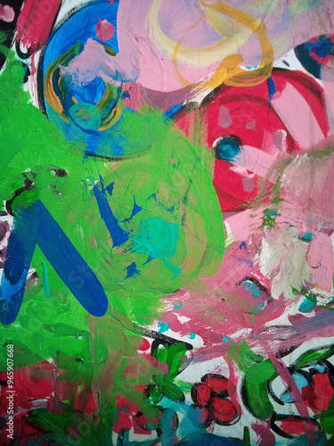 Children's drawings and coloring with paints on plastic wrapping paper. The photo was taken on a mobile phone.