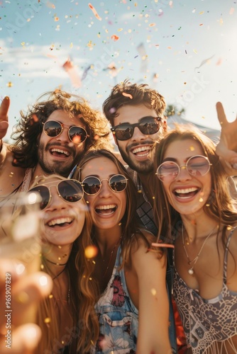 Group of friends joyfully taking a selfie at a festival