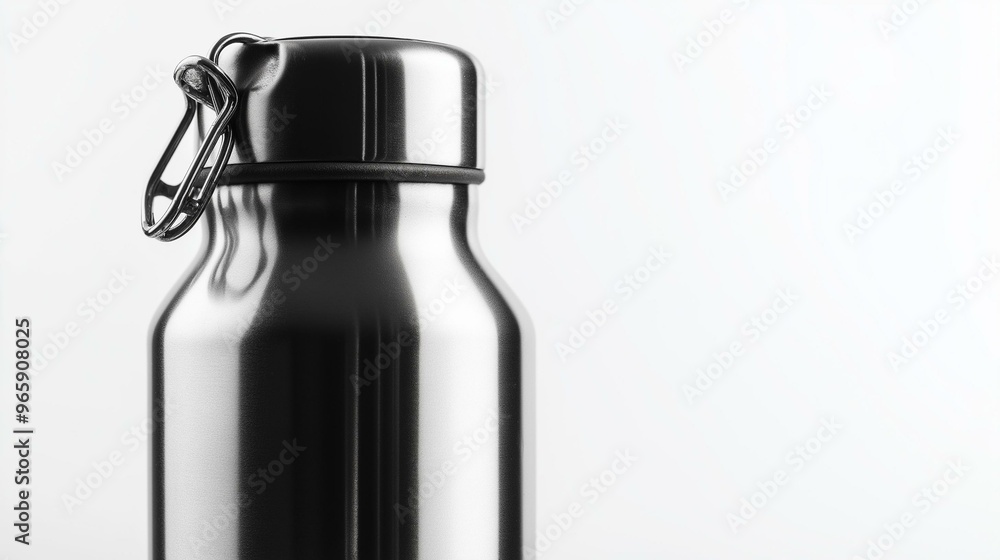 Close-up of black steel thermo water bottle isolated background Close-up of black steel thermo water bottle isolated background