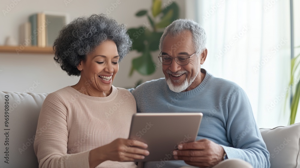 Happy elderly couple sharing a fun time using a tablet, brightened by natural light in a cozy living room. Happy elderly couple sharing a fun time using a tablet, brightened by natural light in a cozy living room.