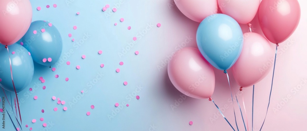 Beautiful panoramic background with pink and blue balloons, with copy space Beautiful panoramic background with pink and blue balloons, with copy space