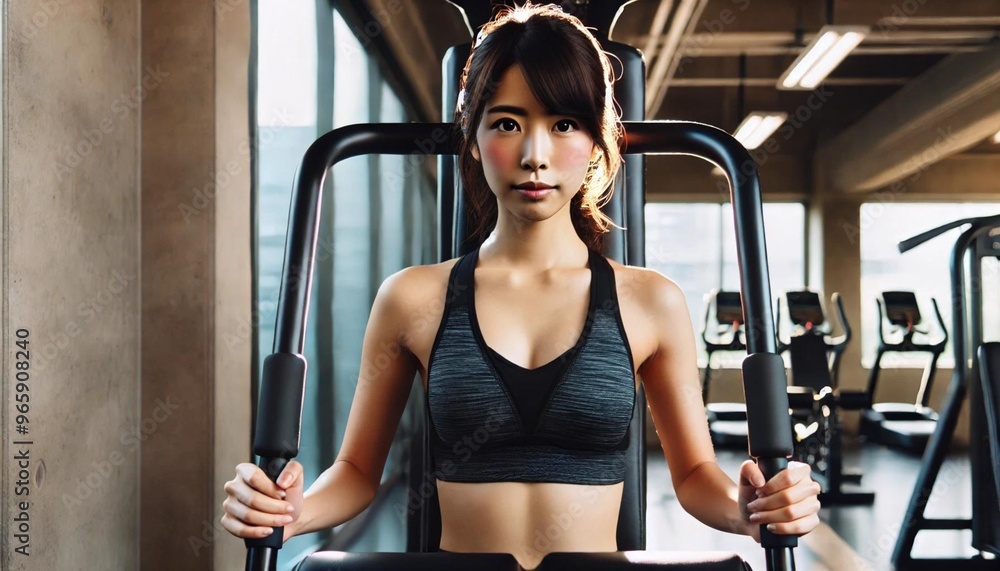 フィットネスジムでマシーントレーニングをする女性 フィットネスジムでマシーントレーニングをする女性