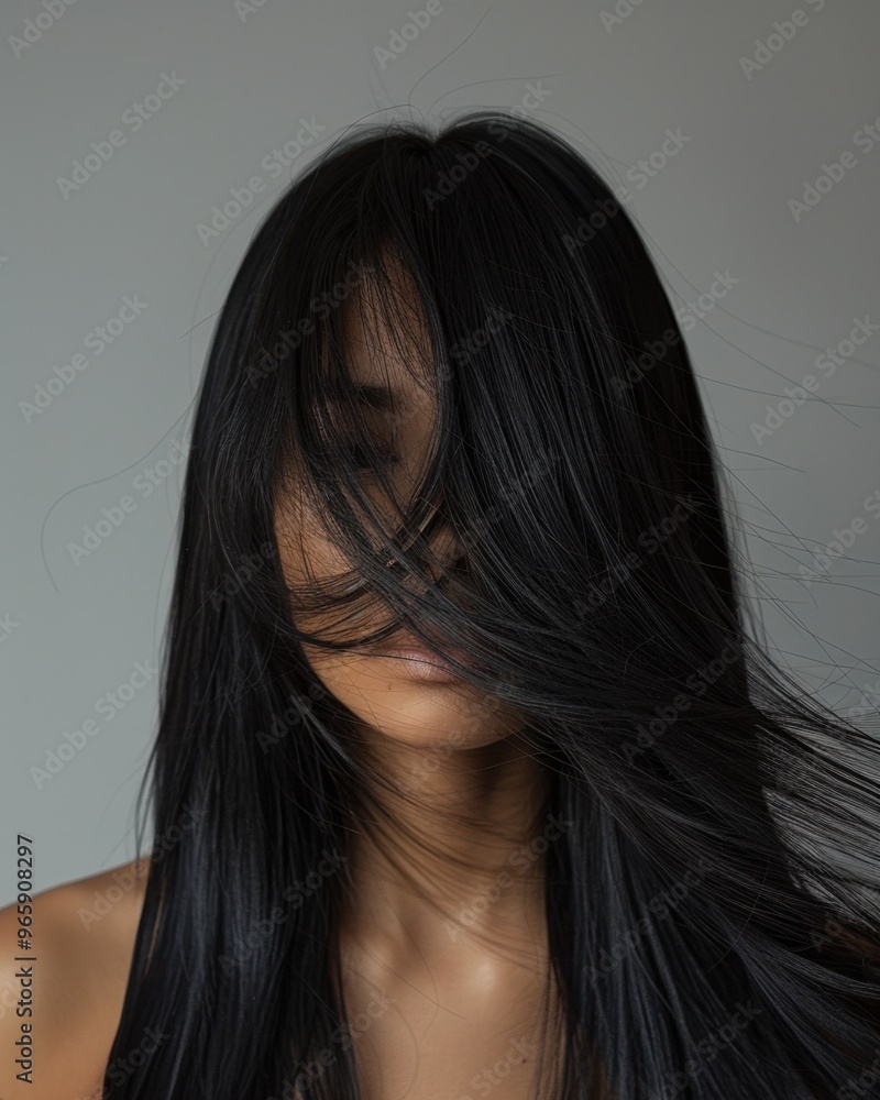 Sleek Portrait of Woman with Long Straight Black Hair Draping Over Shoulders
Sleek Portrait of Woman with Long Straight Black Hair Draping Over Shoulders