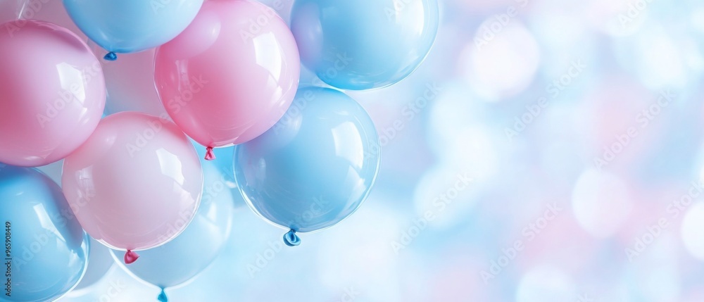 Beautiful panoramic background with pink and blue balloons, with copy space Beautiful panoramic background with pink and blue balloons, with copy space