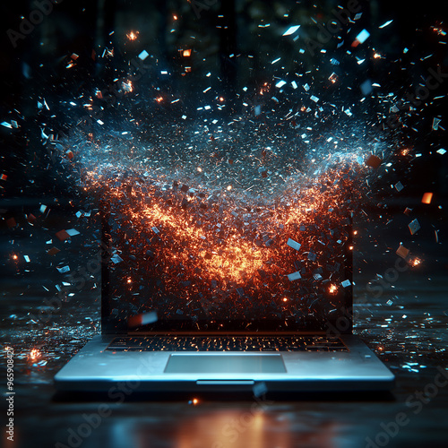 A laptop is on a table with a lot of glitter and sparks coming out of it photo