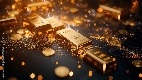 Shiny gold bars and coins scattered on a dark surface, creating a luxurious and rich atmosphere. Perfect for finance and wealth themes.