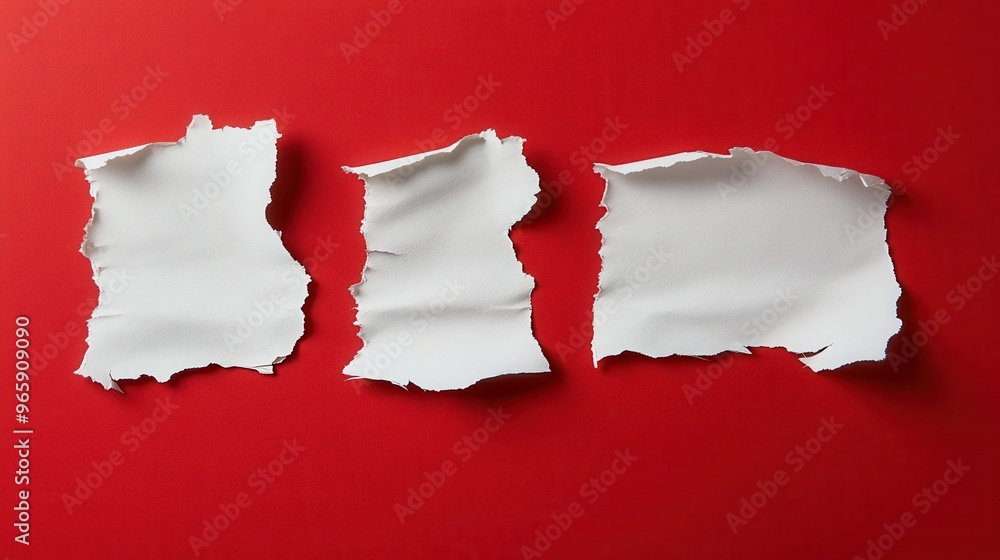 Three torn pieces of white paper on a vibrant red background, showcasing textures and contrast for creative use. Three torn pieces of white paper on a vibrant red background, showcasing textures and contrast for creative use.