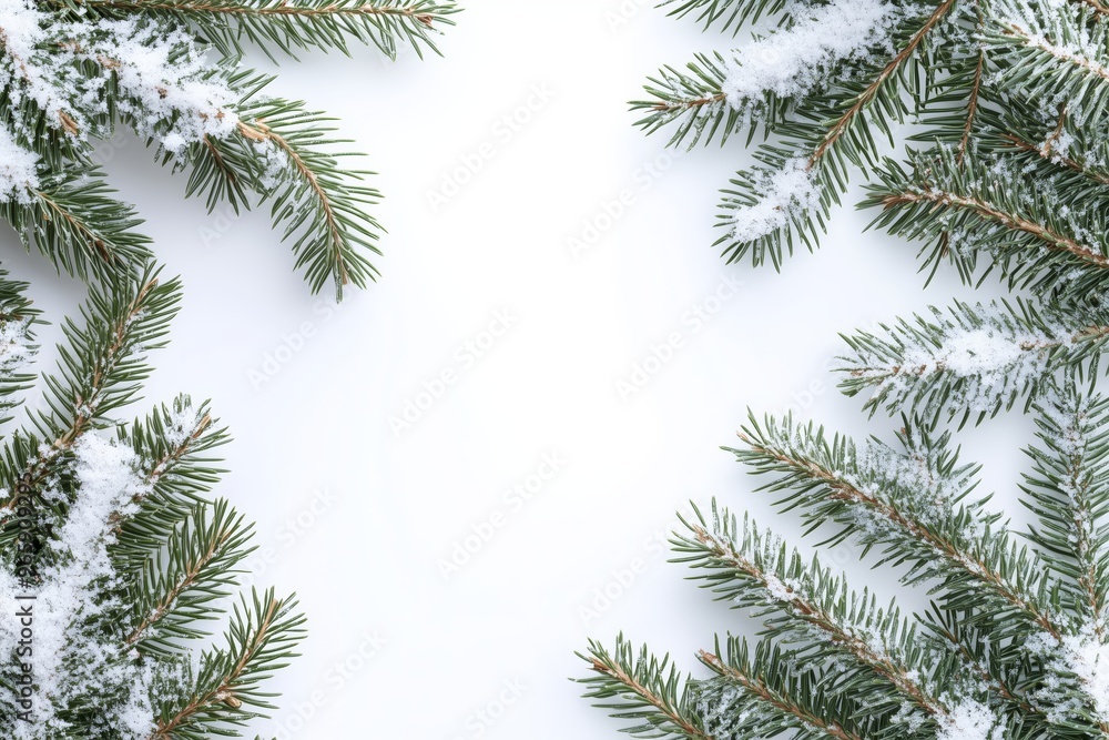 Snow-covered pine branches on a white background, winter and Christmas theme, minimalistic design Snow-covered pine branches on a white background, winter and Christmas theme, minimalistic design