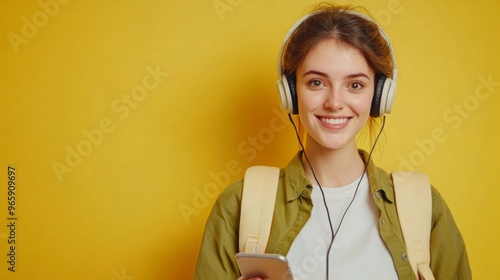 Beautiful smilig female traveller has leisure time, enjoys online communication, connected to headphones, listens music from playlist, wears casual white t shirt and green shirt, carries rucksack photo