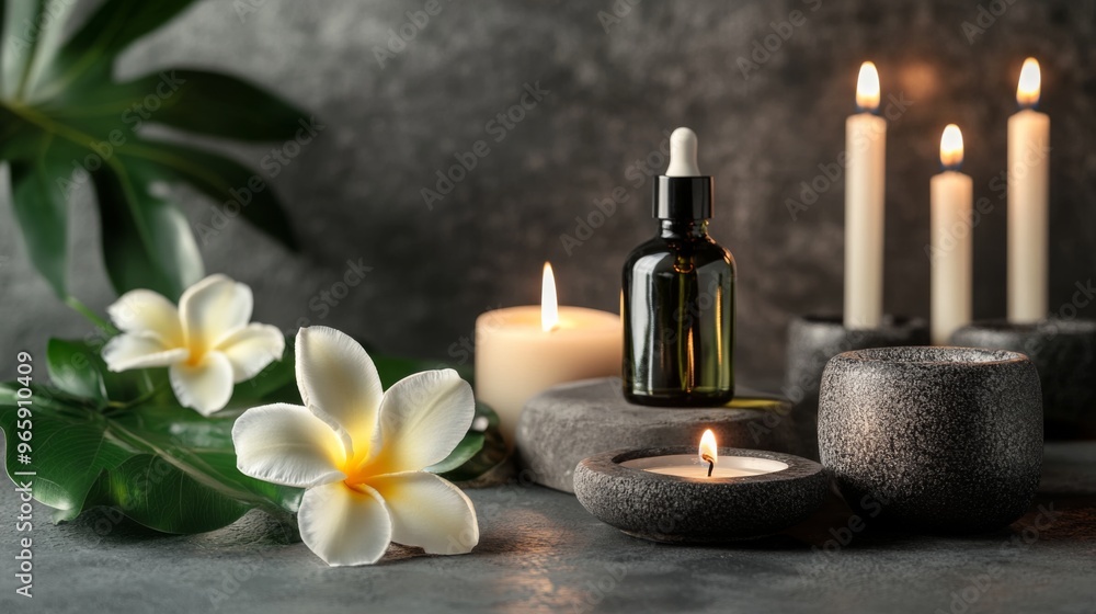 Beautiful spa composition with candles, frangipani flower, oil flasks and other decor elements Beautiful spa composition with candles, frangipani flower, oil flasks and other decor elements