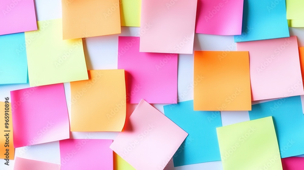 Colorful sticky notes scattered on a white surface, ideal for reminders, brainstorming, and organizational purposes. Colorful sticky notes scattered on a white surface, ideal for reminders, brainstorming, and organizational purposes.
