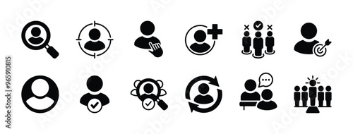 Human resource, headhunting, job hiring, and recruitment flat icon set. Containing people, person, employee, staff, worker, manpower, leadership, businessman, audience, candidate, manager