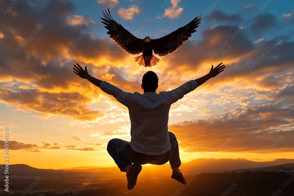 Man in a jump, pointing toward an eagle soaring overhead filled with awe and appreciation for the bird’s majesty Man in a jump, pointing toward an eagle soaring overhead filled with awe and appreciation for the bird’s majesty