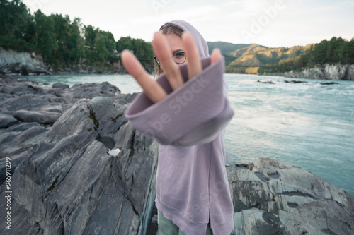 Woman at the river Katun at...