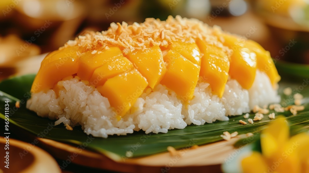 A beautifully crafted Thai mango sticky rice dessert, with ripe mango slices and sticky rice drizzled with coconut milk, served on a banana leaf A beautifully crafted Thai mango sticky rice dessert, with ripe mango slices and sticky rice drizzled with coconut milk, served on a banana leaf