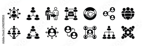 People connections in business flat icon set. Containing teamwork, group management, team, cooperation, hierarchy, organization, collaboration, global, network, sharing. Vector illustration