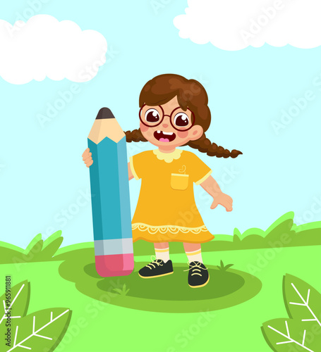A girl in a yellow dress with a big pencil. Blue sky and green grass. Vector illustration.