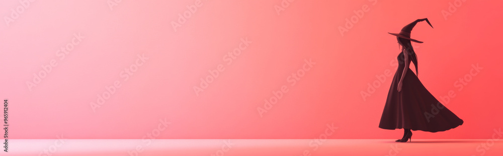 Silhouette of witch with hat and staff on color background Silhouette of witch with hat and staff on color background