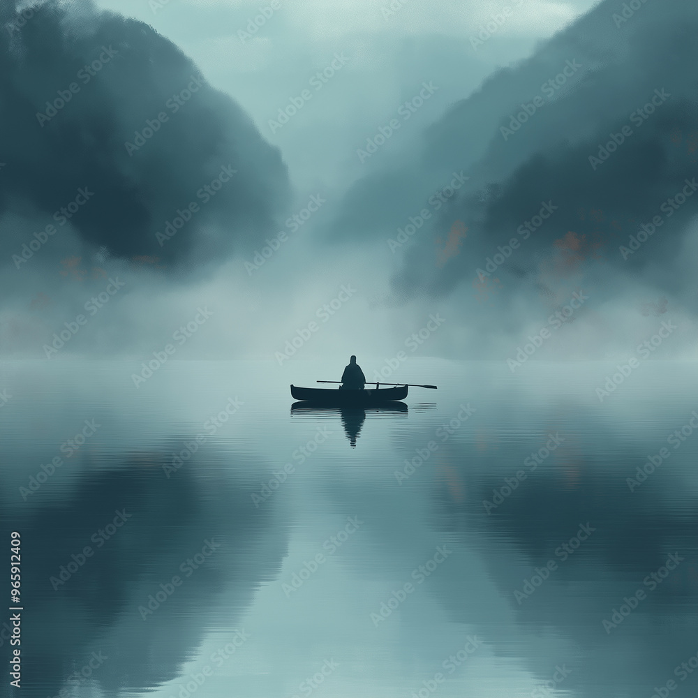 Fototapeta premium A man is in a boat on a lake, surrounded by mountains