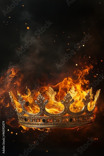 In this digital art, a fiery king crown symbolizes the rise and fall of a medieval empire that includes kings, queens, princes, princesses, knights, and more. photo