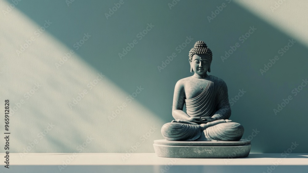Buddha statue in meditation pose on reflective surface, background Buddha statue in meditation pose on reflective surface, background