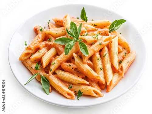 artfully plated penne alla vodka pasta creamy pink sauce coating al dente noodles fresh herbs garnish isolated on white for striking presentation