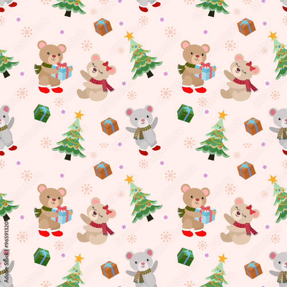 Obraz premium Christmas concept with cute bear gift box and Christmas tree pattern