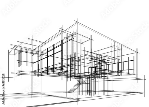 Architectural sketch of a building 3d illustration
