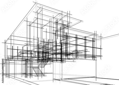 Architectural sketch of a building 3d illustration